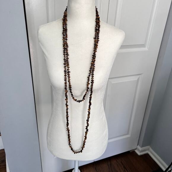 Long Tiger's Eye Howlite? T-Clasp Multistrand  Beaded Hand Knot Necklace - Picture 1 of 4